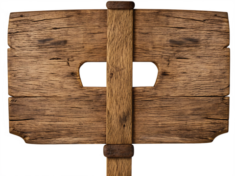 Rustic wooden sign with cutouts on white background isolated on a transparent background