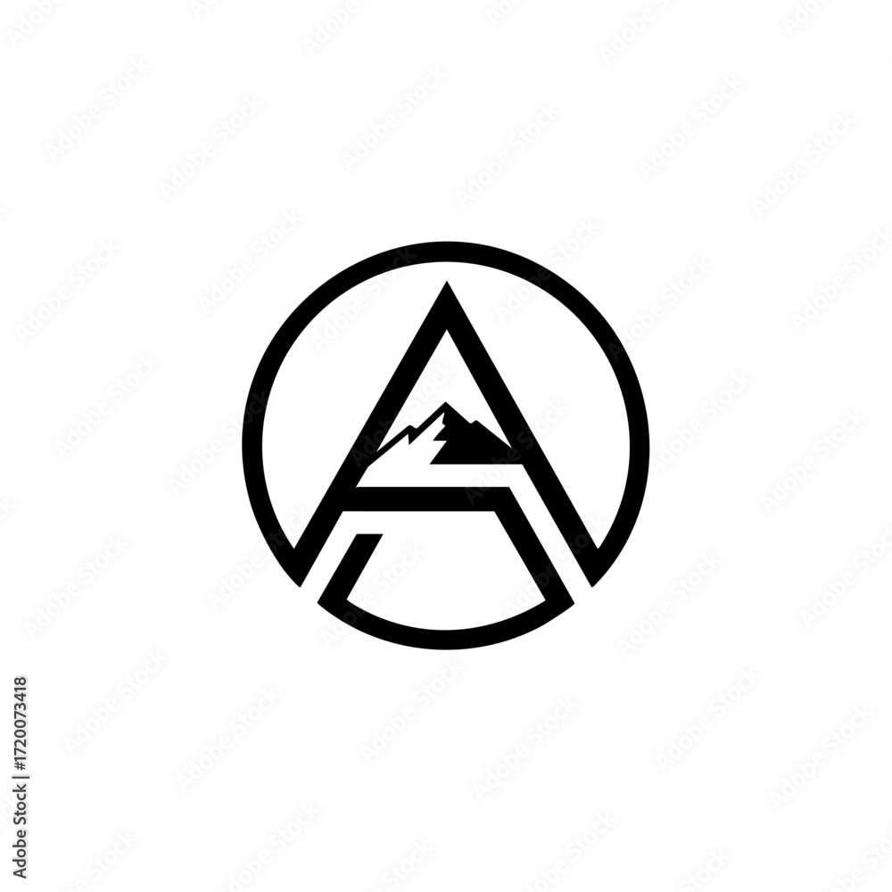 Poster abstract geometric mountain logo design with circle frame and sharp peak vector icon for outdoor adv