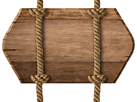 Rustic wooden sign with rope hanging on white background isolated on a transparent background