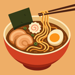 Delicious ramen bowl with chopsticks, joyful mood, in a minimalist style, copy space