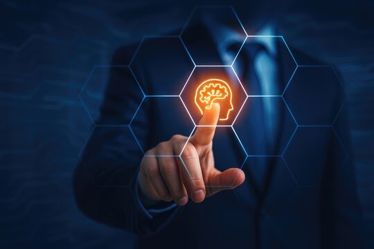 Businessman touching glowing brain icon on digital hexagon interface, symbolizing artificial intelligence, innovation, knowledge, smart technology, data science, and future business solutions