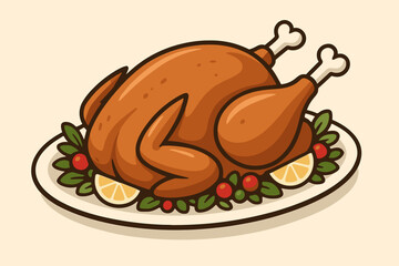 Roasted turkey on a platter with garnish, festive mood, in a holiday dinner style, copy space