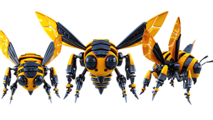 Three robotic bees with yellow and bodies isolated on a transparent background insect