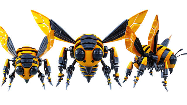Three robotic bees with yellow and bodies isolated on a transparent background insect