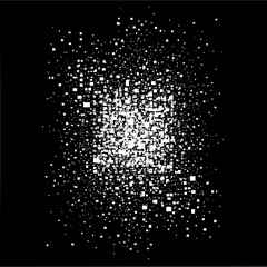 Dense aggregation of white squares scattered across a black background creating a pointillistic effect