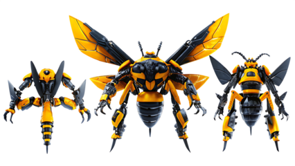 Three robotic insects yellow and isolated on a transparent background bees wasps