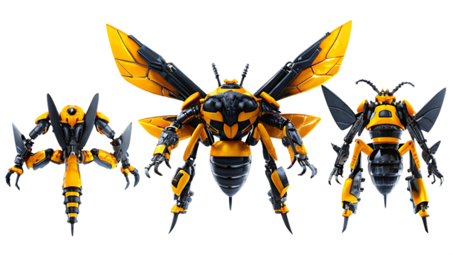 Three robotic insects yellow and isolated on a transparent background bees wasps