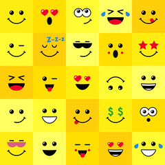 Set of creative square emoticons as seamless pattern. Modern design. Cute background with funny yellow faces. Collection of expressing yellow emoji icons.