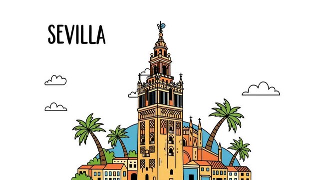 A looping animation of a retro travel poster of Seville featuring La Giralda tower