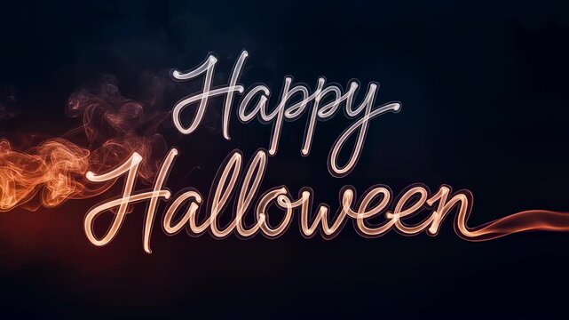 Happy Halloween text appearing from and disappearing into dynamic smoke on dark background for celebration footage