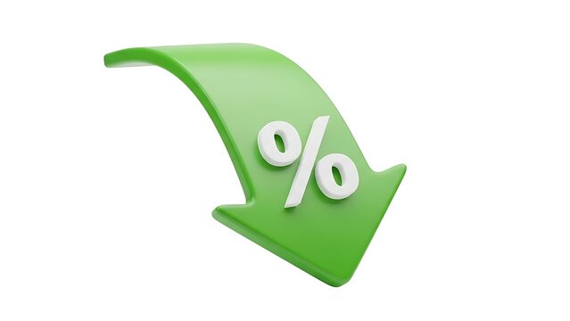 Percentage decrease arrow green down icon sale discount financial crisis recession market drop economy 3d on transparent background