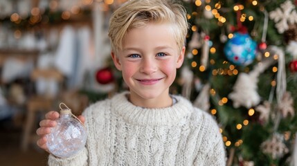 Celebrating an eco friendly Christmas with a cheerful boy holding a recycled ornament near a beautifully decorated tree