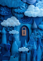 Creative Blue Paper Art Representing Cyber Security and Protection of Digital Infrastructure
