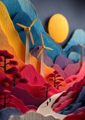 Vibrant Paper Art Depicting Windmills, Solar Energy, and Scenic Nature Landscape