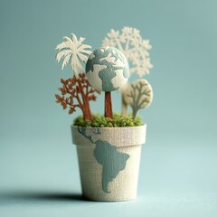 Eco-Friendly Paper Cut Tree Model in Decorative Pot with World Map Design