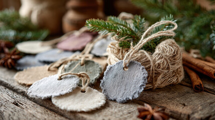 Eco friendly Christmas tags made with love for holiday gifting and decor displayed on rustic wooden surface