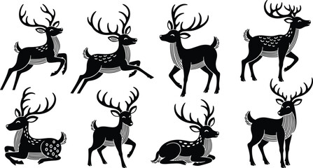 Deer silhouettes, animal illustration, standing deer, walking pose, running motion, sitting deer, lying down, antlers design, wildlife artwork, vector drawing, creative pattern