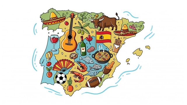 A simple looping animation of a doodle-style illustrated map of Spain. The cultural icons on the map, guitar, bull, Spanish flag, olives, sangria, sombrero, and fan