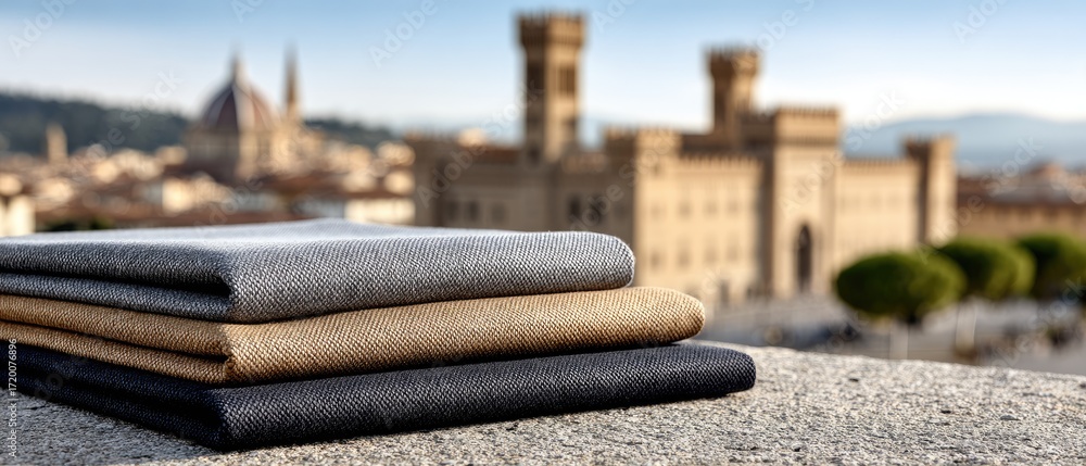 Poster softly textured gray fabric is folded on a wooden table with charming old architecture and greenery 