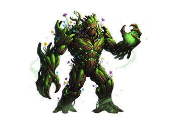 Fototapeta premium A vibrant, stylized illustration of a powerful, tree-like creature, adorned with flowers and glowing energy, set against a striking black background.