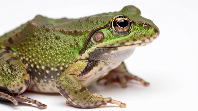 Close-up of a vibrant green frog with speckled patterns