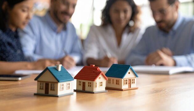 Real estate team planning mortgage strategy with miniature houses at business table. Concept: investment, property, home ownership.