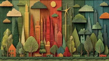 Vibrant Paper Art Style Depicting Cityscape with Goals and Nature Elements