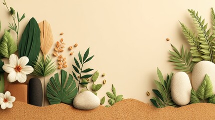 Elegant Stone Therapy and Massage Background with Natural Elements and Leaves
