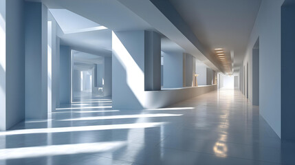  empty shot of a bright, modern museum gallery with beautiful lighting and clean walls, 