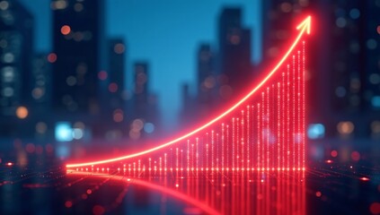 A glowing red upward arrow and bar graph in a city night scene.