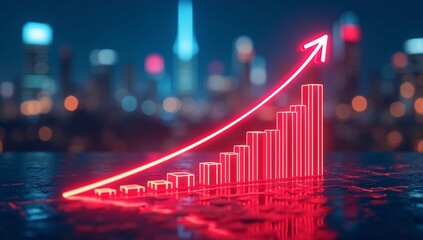 A glowing red upward arrow and bar graph against a city night background.