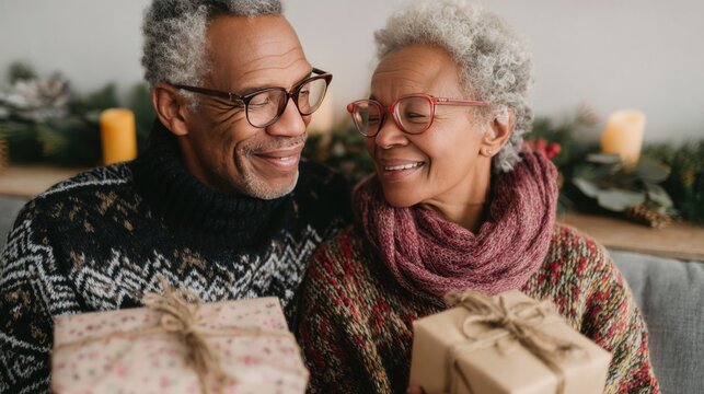 Thoughtful couples exchange zero waste Christmas gifts while celebrating a joyful holiday together at home