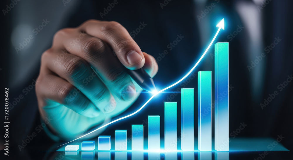 Poster visualizing growth a hand guides an ascending bar graph with a glowing arrow symbolizing progress su