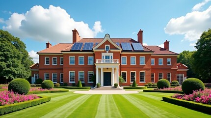 A large, elegant brick mansion with solar panels, surrounded by a beautifully manicured garden.