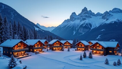 Fototapeta premium Snowy mountain cabins with warm lights, set against towering snow-capped peaks.
