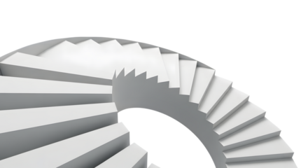 A modern white spiral staircase curving upwards against a clean transparent background, suggesting progress and ascent isolated on transparent background