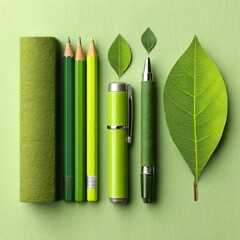 Green Color Palette with School Supplies and Leaf Cutouts on Soft Green Background