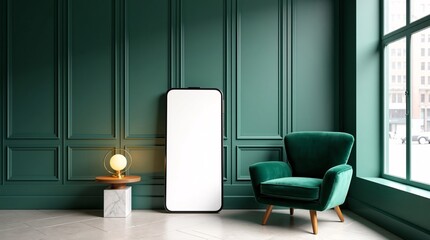 A stylish room with a green velvet chair, a round lamp, and a large blank smartphone screen.