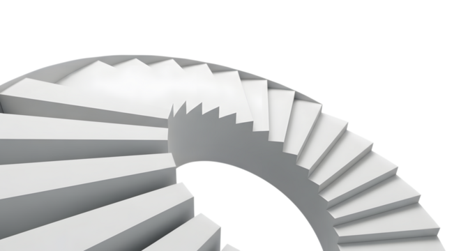 A modern white spiral staircase curving upwards against a clean transparent background, suggesting progress and ascent isolated on transparent background