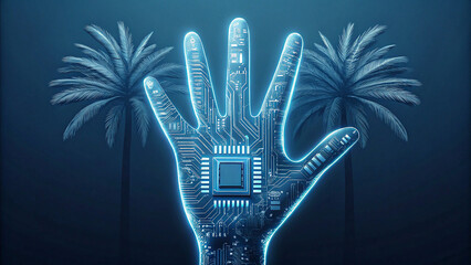 Futuristic digital hand with microchip and circuit design glowing with palm trees background symbolizing technology and nature connection 
