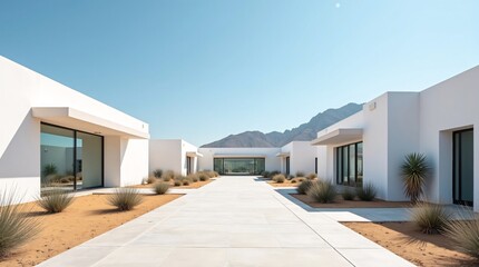Modern white buildings with desert landscaping and distant mountains under a clear blue sky.