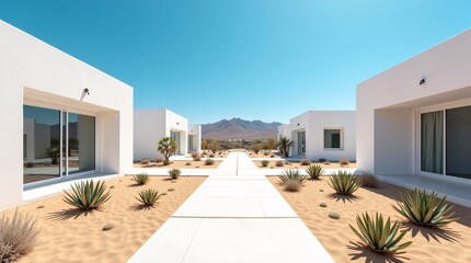 Modern white buildings with desert landscaping and distant mountains under a clear blue sky.