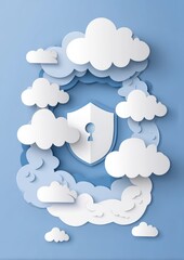 Cloud Network and Big Data Shield Concept with Paper Cutout Style in Blue Background