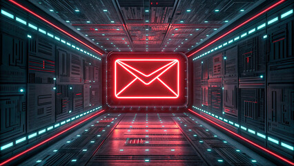 Futuristic neon red email icon glowing in digital cyber tunnel with technology and communication concept 