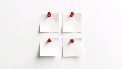 Four blank white sticky notes pinned with red pushpins on a white background.