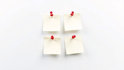 Four blank sticky notes pinned with red pushpins on a white background.