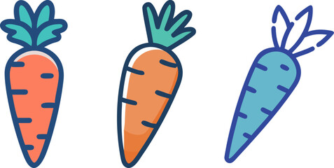  cartoon carrots with varying colors and styles against a white background