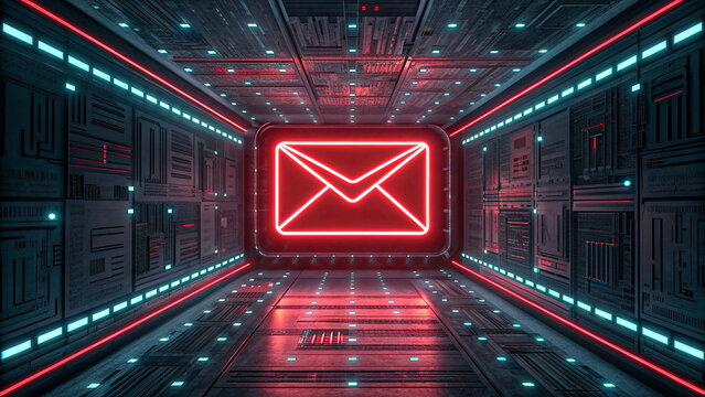 Futuristic neon red email icon glowing in digital cyber tunnel with technology and communication concept 