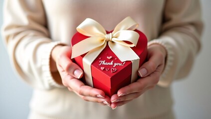 A person holds a red heart shaped gift box with a cream ribbon, and "Thank you!" is on the box.