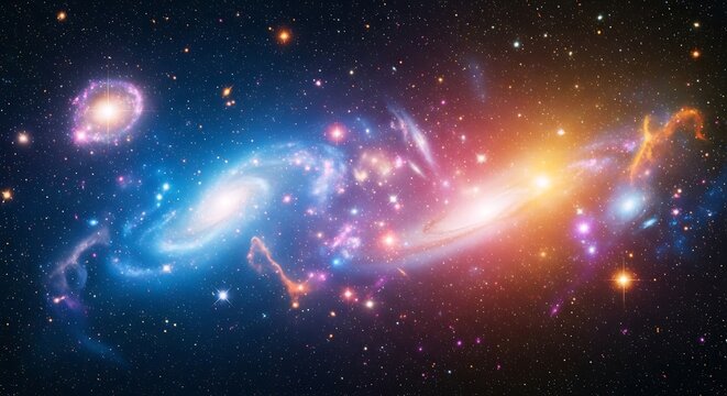 A vibrant display of colliding galaxies, showcasing swirling nebulae and brilliant star clusters in a cosmic dance of colors.